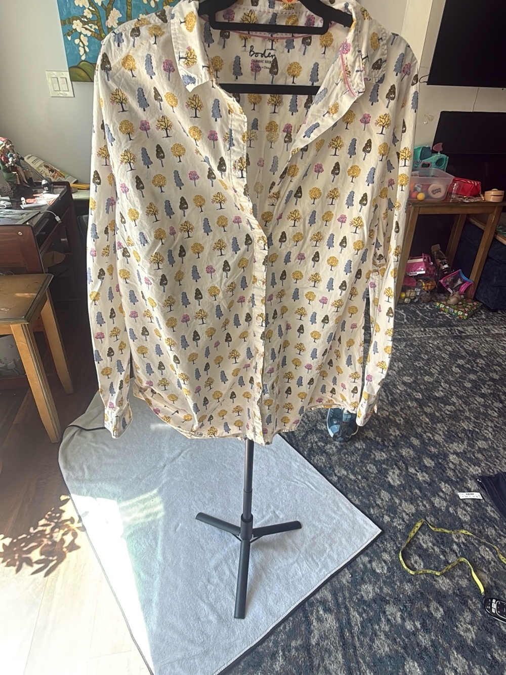 Boden White Button-Down Shirt with Yellow, Blue & Pink Tree Print